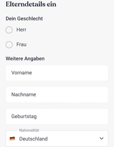 Bling Card App Registrierung Elterndetails